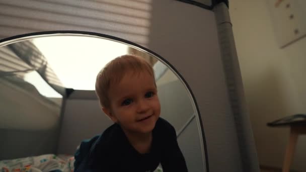 Cheerful Toddler Crawls Out Play Tent Looking Camera Smiling Cute — Stock Video