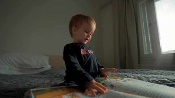 专注的孩子坐在柔软的床上 用明亮的图画来审视新书 可爱的小男孩每天早上都会呆在镇上的小房间里 — 图库视频影像