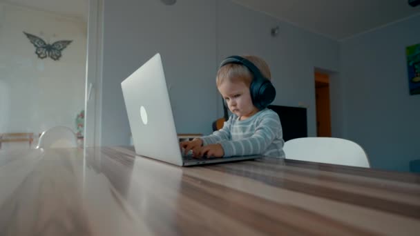 Toddler Serius Dalam Headphone Meniru Bekerja Pada Laptop Modern Duduk — Stok Video