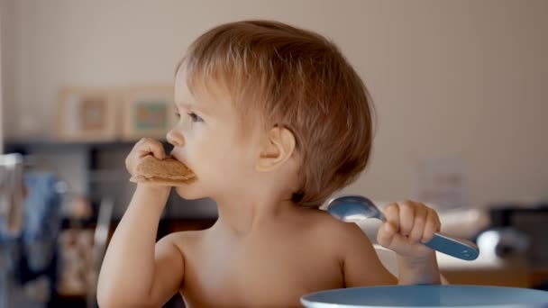 Video Que Captura Interacción Niño Con Una Cuchara Una Galleta — Vídeo de stock