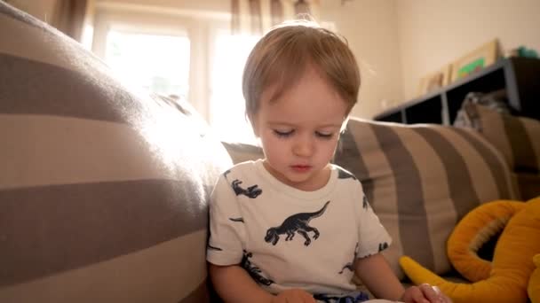小さな男の子はソファーに座り おもちゃで遊ぶことに従事しています — ストック動画