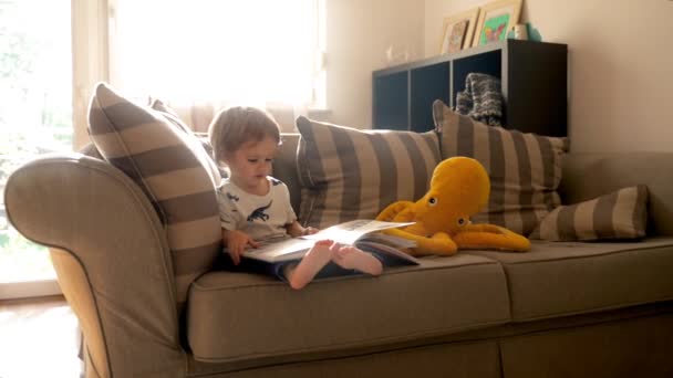 Ein Kleiner Junge Sitzt Auf Einer Couch Und Liest Ein — Stockvideo