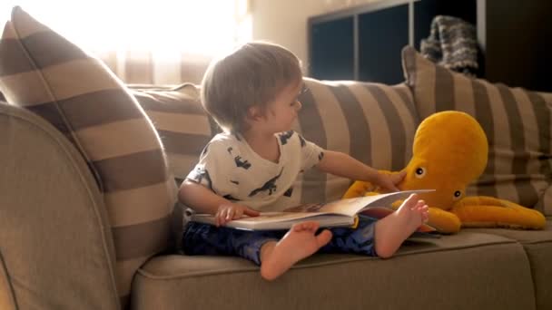 Mały Chłopiec Siedzi Kanapie Pełni Pochłonięty Czytaniem Książki — Wideo stockowe