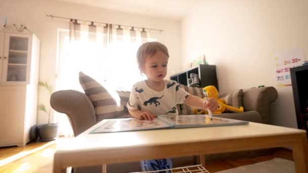 一个小男孩坐在舒适的客厅里的一张桌子旁 一边教书育书 一边用钢笔做运动 — 图库视频影像