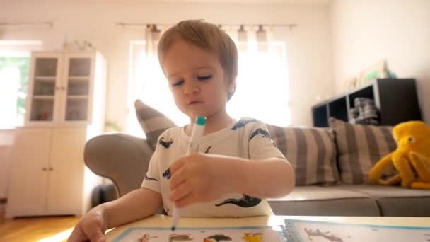 Mladý Chlapec Sedí Stolu Učí Čte Knihy Zatímco Cvičí Perem — Stock video