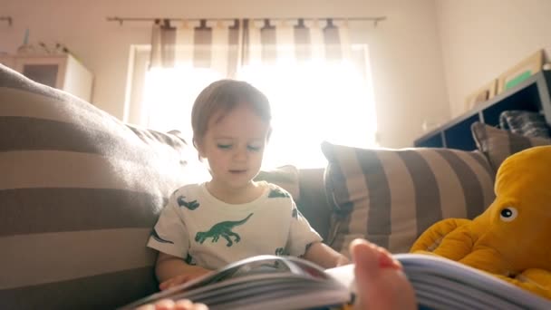 Little Boy Sits Couch Cozy Living Room Reading Book Doing — Stock Video
