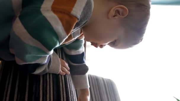 Kisgyerek Boldogan Játszik Játékokkal Egy Karosszéken Kényelmes Nappaliban Babakocsi Lassított Jogdíjmentes Stock Videó