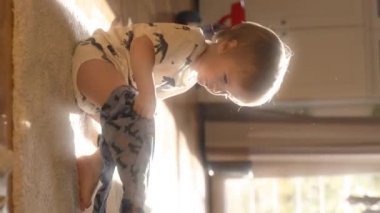 Bir bebek yerde oturup oyuncak bir yılanla karşılaşır. Onu tutarak, hareket ettirerek ve özelliklerini keşfederek. Dikey görüntüler.