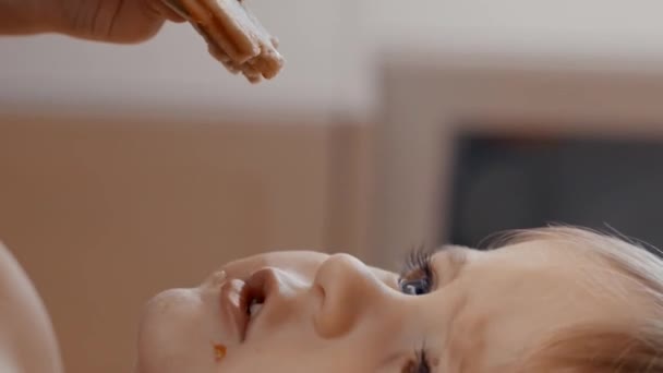 Une Vidéo Montrant Jeune Enfant Train Manger Morceau Nourriture Images — Video