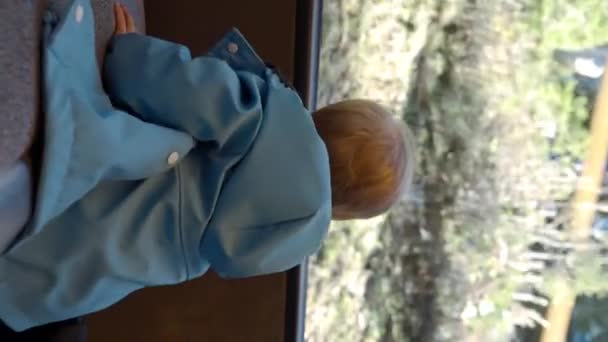Little Boy Looks Out Window Seated Train Car While Sister — Stock Video