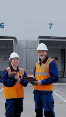 Üniformalı kadın ve erkek POV 'u büyük bir depo kompleksinin kapılarının önünde duruyor. Tablet ve panoya sahip profesyonel mühendisler kameraya dikey açıdan bakıyorlar.