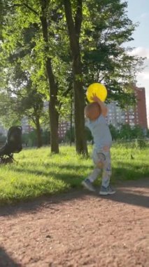 Küçük çocuk yolda yürürken topla oynuyor. Parktaki ağaçlara top fırlatan çocuk arkada gülümsüyor. Çocuk, ailesiyle yürüyüş yapmayı seviyor. Yakın çekim dikey çekim..