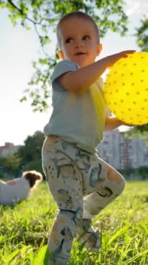 Mutlu çocuk sarı topu fırlatıp atıyor. Çocuk piknikte bulanık aileye karşı elinde topla yürüyor. Çocuk parkta oynamaktan hoşlanıyor. Yakın çekim dikey çekim.