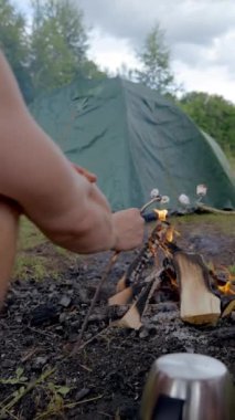 Genç yürüyüşçüler kamp ateşinde marşmelov kızartıyorlar. Kız arkadaşı ve erkek arkadaşı çayır kamp alanında birlikte şekerlemeleri dikey pişirmenin keyfini çıkarıyorlar..