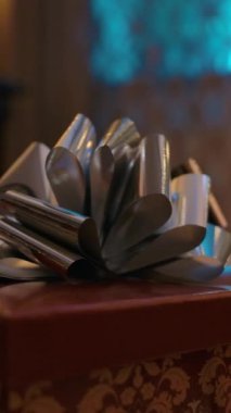 Kamera gümüş fiyonklu kırmızı bir Noel hediyesi etrafında döner. Kutu kapalı alanda rahat bir halının üzerinde duruyor. Dikey çekim.