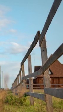 Kırsal ve otlak arasındaki tahta çit. Güneşli bir günde çiftlikte atlarla otlamak. Dikey çekim..