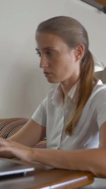Özel jet lüks kulübesinde not defterine yazı yazan genç bir kadın portresi. Cep telefonuna mesaj yazmak ve uçakta sohbet etmek. Dikey çekim.