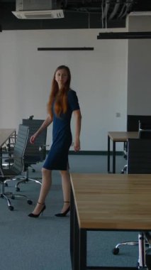 Kadın patron ve bir grup neşeli ofis çalışanı yeni ofise taşınırken kameraya doğru yürüyorlar. Gökdelen kocaman pencereler. Ağır çekim. Gündüz vakti modern ofis. Dikey çekim.