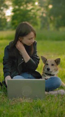 Açık bir dizüstü bilgisayarın yanındaki parkta bir kadın köpeğini okşuyor. İçeriği dışarıda dizüstü bilgisayar kullanarak tüketmek. Parkta yürüyüş için favori evcil hayvan. Orta atış. Yaz akşamı gün batımı zamanı. Dikey