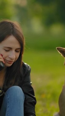 Parkta bir köpekle yürürken akıllı telefondan konuşan çekici bir kız. Elinde bir cep telefonu tutan güzel bir kadının orta planı. Köpeğin yanında duruyor. Yavaş çekim Dikey