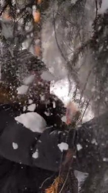 Erkek, kafasında karlı bir ağaç dalını sallar. Hayat konseptindeki basit şeylere içten bir sevinç. Güneşli kış günü. Süper yavaş çekim. Dikey çekim.