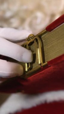 Noel Baba Noel arifesinde koltukta oturmuş eski kırmızı ipek albümü tutuyor ve yeşil Noel ağacının yanında üzerinde oyuncaklar ve ışıklar olan altın bir mandal takıyor. Dikey Görüntüyü Kapat.