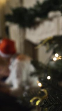 Genç ve yakışıklı çift internette Ipad 'le ev, ev, ev alışverişi yapıyor. Hediyeler kutular ve parlak röfleli ve odaklı noel ağacıyla. Dikey Çekim.