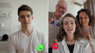 İki katılımcı, içten bir sanal birleşmeyi sergilemek için çevrimiçi bir görüşme yapıyorlar. Genç bir adam ve bir aile grubu gülümseme ve selamlaşarak aralarındaki mesafeyi kapatıyor..