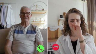 Farklı yerlerden iki kişi çevrimiçi bir konferansa katılıyor. Kadın düşünceli bir ifade sergilerken yaşlı adam nişanlı görünüyor. Rahatlatıcı bir sohbet ortamı..