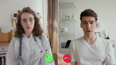 Bir doktor ve hasta online bir konsültasyonda sağlık sorunlarını tartışıyor. Hasta semptomlar ve tedavi seçenekleri hakkında sorular sorarken doktor dikkatlice dinler..