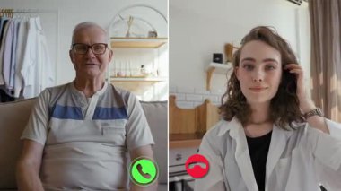 İki katılımcı görüntülü görüşme yoluyla online bir toplantıya katılıyor. Bir kişi koltukta rahat bir şekilde otururken, diğeri masasında oturuyor ve her ikisi de profesyonel giysiler giyiyor..