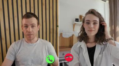 İki kişi, çeşitli konuları tartışan planlanmış bir online görüşme sırasında bağlanıyor. Her katılımcı kendi alanında yer alır, farklı arkaplan ve ayarları gösterir.