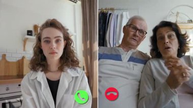 Çevrimiçi bir çağrıya iki kişi katılıyor. Bir kişi iyi aydınlatılmış bir odada, diğer çift ise rahat bir ortamda sanal iletişimin dinamiklerini vurguluyor..