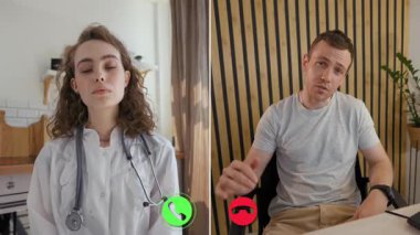 İki kişi sanal bir görüşme için çevrimiçi bir görüşme yapıyor. Bir doktor, farklı yerlerden bilgi ve rehberlik sunan bir hastayla sağlık konularını tartışır..