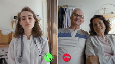 Bir doktor, yaşlı bir çiftle sağlık sorunları ve tedavi seçeneklerini tartışmak için çevrimiçi bir görüşme yoluyla bağlantı kurar. Etkileşim, sağlık hizmetlerine uzaktan erişimin kolaylığını vurguluyor.