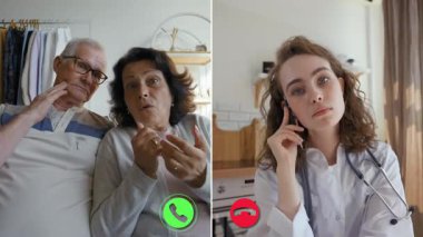 Yaşlı bir çift, bir doktorla sanal sağlık danışmanlığı yapıyor. Evlerinde dijital cihaz kullanırken sağlık sorunlarını tartışıyorlar.