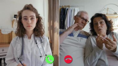 İki kişi bir sağlık uzmanıyla sanal bir görüşme yapıyor. Tartışmada çevrimiçi çağrı sırasında sağlık sorunları ve olası tedavi seçenekleri ele alınıyor.