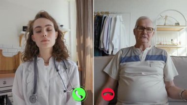 İki katılımcı sanal bir tıbbi konsültasyon için Zoom konferansına katılıyor. Beyaz önlüklü bir doktor evdeki bir hastayla sağlık sorunlarını tartışıyor..