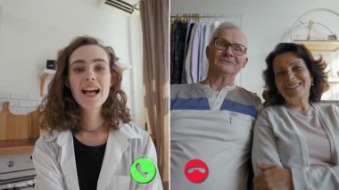 İki kişi dijital bir platform kullanarak çevrimiçi bir konferans görüşmesine katılıyor. Bir kişi neşeli görünürken, diğer grup yaşlı bir çifti de içeriyor. Etkileşim kurarlar ve anlarını paylaşırlar.