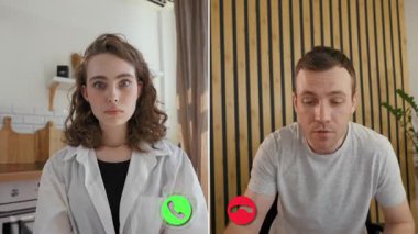 Çevrimiçi bir aramada, iki iş arkadaşı bir toplantı için bağlantı kuruyor. Kadın şaşırmış görünüyor, erkek ise kendi konumlarından önemli konuları tartışırken..