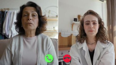 İki kişi video konferans yoluyla çevrimiçi bir sohbete girişiyor. Bir katılımcı önemli konuları tartışırken endişeli görünürken, diğeri dikkatle dinliyor.