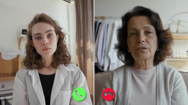 İki kişi farklı yerlerden çevrimiçi arama yapıyor. Bir kişi kameraya hitap ederken odaklanmış bir şekilde ortaya çıkıyor ve fikir alışverişinde bulunuyor..