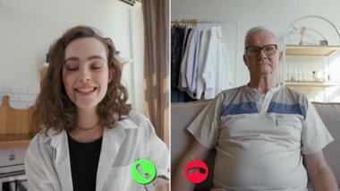 Genç bir sağlık uzmanı yaşlı bir hastaya online danışmanlık yapıyor. Dijital platformda dolaşırken sağlık sorunlarını tartışıyorlar.