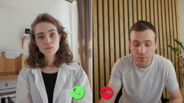 İki kişi çevrimiçi bir konferansta önemli konuları tartışıyor. Odaklanıyorlar ve video aracılığıyla iletişim kuruyorlar. Ayarlar bir ofis atmosferi sergiliyor..