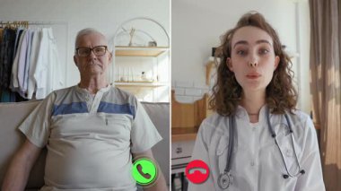 Yaşlı bir adam ve genç bir doktor internet üzerinden sağlıkla ilgili endişeleri tartışıyorlar. Doktor sanal danışma ortamında özenli görünüyor..