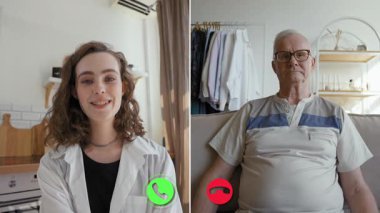 Genç bir kadın ve yaşlı bir adam çevrimiçi bir konferans platformu aracılığıyla iletişim kuruyor. Farklı noktalardan iletişim kurarken tartışmalarına odaklanmış gibi görünüyorlar..