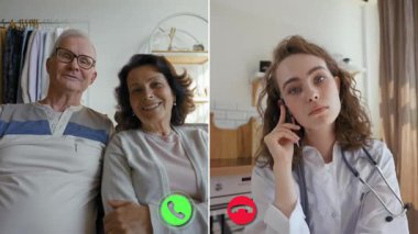 Zoom çağrısında, yaşlı bir çift bir sağlık uzmanıyla sohbet ediyor. Uzak görüşmeleri sırasında sağlık güncellemeleri ve çözümleri tartışırken endişelerini paylaşıyorlar.