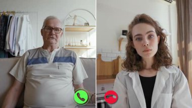 Çevrimiçi bir görüşme farklı yerlerde iki kişi arasında gerçekleşiyor. Kendi ayarlarında otururken odaklanmış ve anlamlı bir sohbete dalmış görünüyorlar..