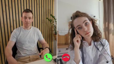 İki kişi sanal bir sağlık danışmanlığıyla çevrimiçi bir görüşme yapıyor. Bir katılımcı evde otururken, diğeri, bir tıp uzmanı, önemli sağlık konularını tartışıyor..