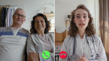 Danışmanlık için bir doktorla bağlantı kuran iki kişi bir video görüşmesine katılıyor. Hastalar sağlık konularını tartışırken rahat bir evde oturuyorlar..